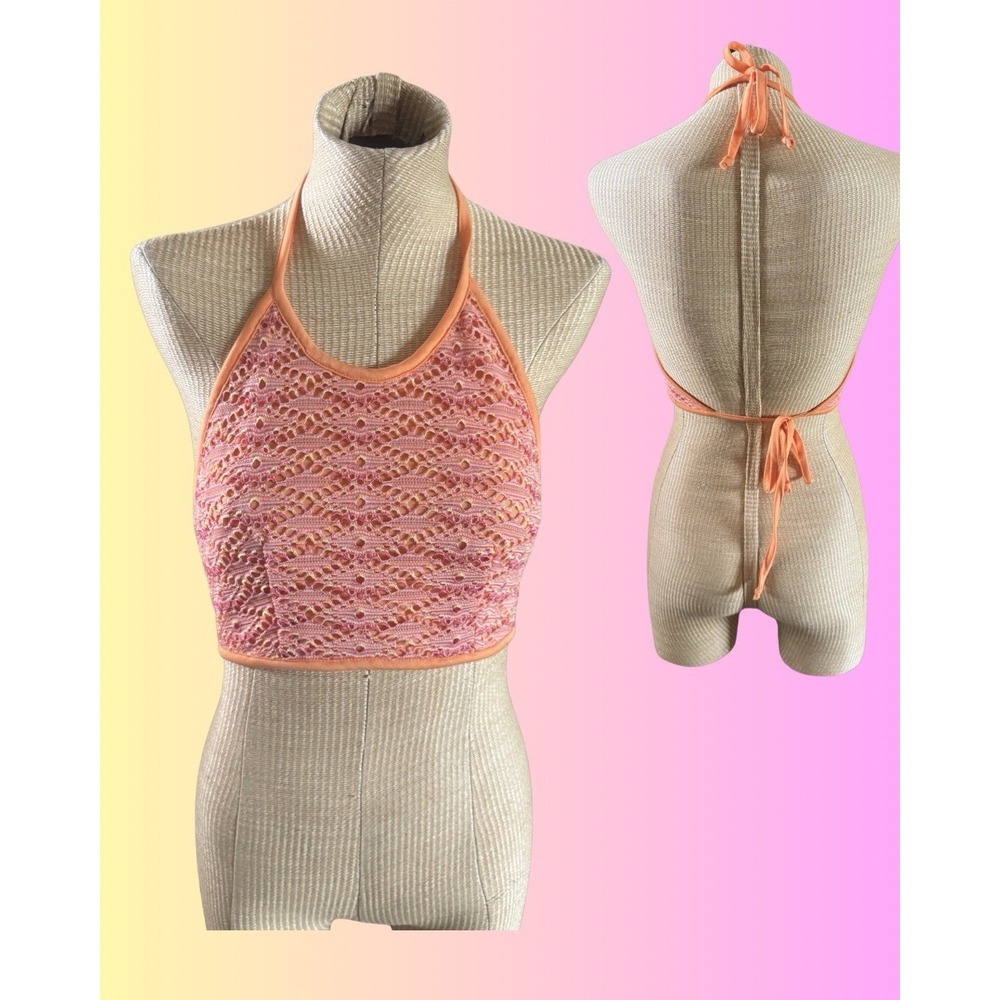 VTG 579 Y2K Halter Top Womens Size XS Orange‎ Backless Crochet Boho Fairy NWT